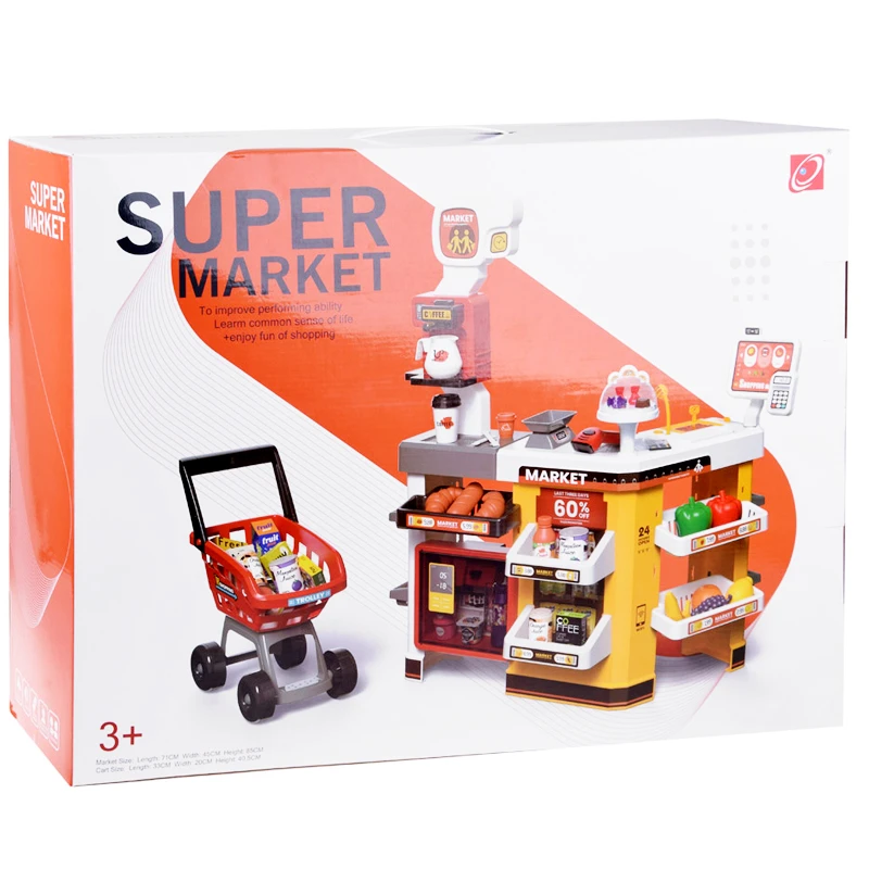 65PCS Supermarket Cart Toys Play Set Role Play Cash Register Pretend Interactive Grocery Stand Store Simulate Light Music and Smoking for Kids